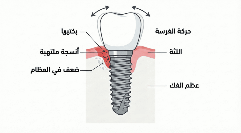 أسباب سقوط مسمار زراعة الأسنان - رسم توضيحي طبي